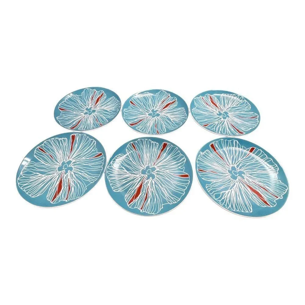 Set Of 6 Ikea Salad Plates With Floral Design Turquoise & Red Porcelain 8.5